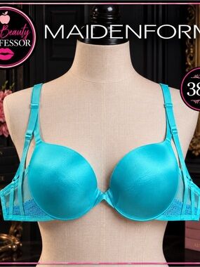 💕Maidenform 36D Turquoise Push-Up Bra Sheer Lace Mesh Underwire